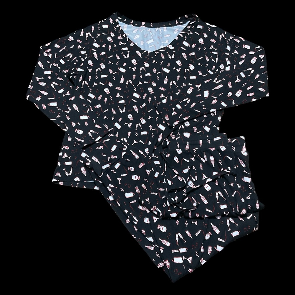 Black Long Sleeve Alcohol Print 2 Pc Pyjama Set